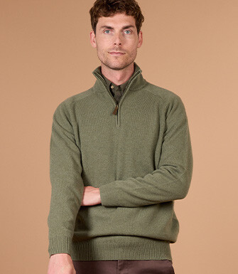 Pull homme col zippé eucalyptus chiné en laine d'agneau - KENNETH