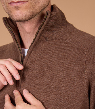Pull homme col zippé chocolat chiné en laine d'agneau - KENNETH