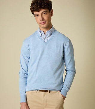 Pull fin coton bio/cachemire col V Bleu Ciel Chiné - VADIM