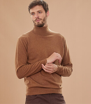 Pull col roulé homme laine Noisette Chiné - EMERIC