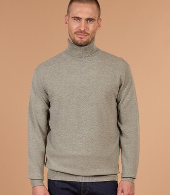 Pull homme col roulé kaki clair chiné en laine d'agneau - EMERIC
