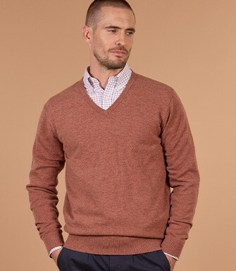 Pull homme col V rouille chiné en laine d'agneau - ELIAN