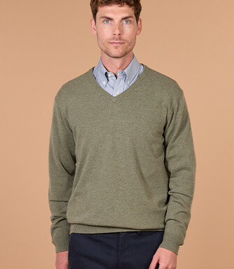 Pull homme col V eucalyptus chiné en laine d'agneau - ELIAN