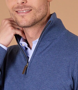 Pull col zippé homme fin coton bio/cachemire Bleu Foncé Chiné - VLAD