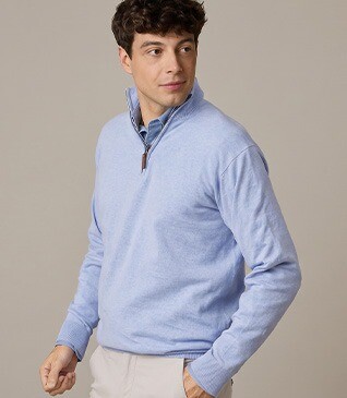 Pull fin homme coton bio/cachemire col zippé Bleu Ciel Chiné - VLAD