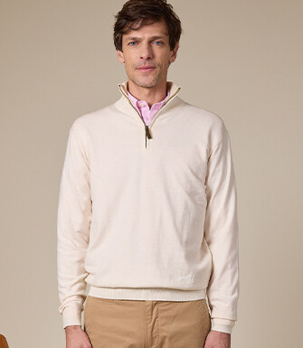 Pull fin homme coton bio/cachemire col zippé Ecru Chiné - VLAD