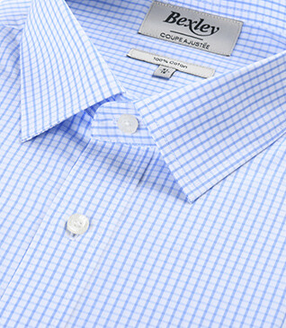 Chemise blanche à carreaux bleus clairs - Col français - ALFIERO