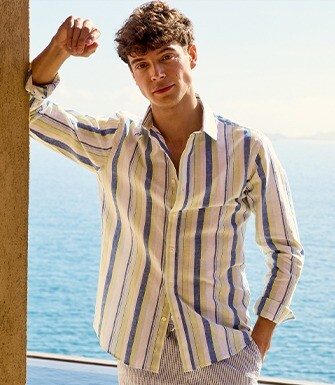 Chemise en coton et lin à rayures bleu, jaune et vert clair - EDIBERT