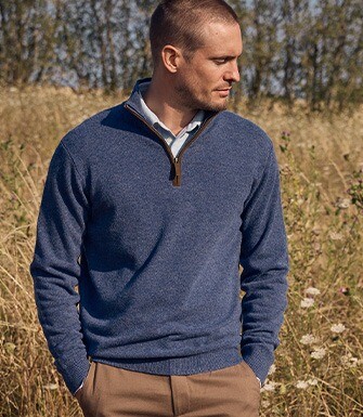Pull homme col montant zippé bleu foncé chiné en laine - KEITHY
