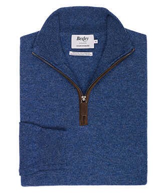 Pull homme col montant zippé bleu foncé chiné en laine - KEITHY