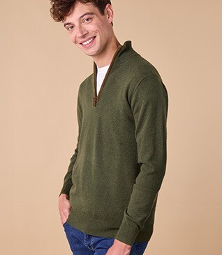 Pull col zippé homme laine Vert - KEITHY