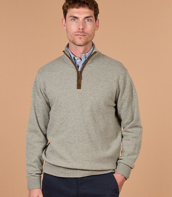 Pull homme col montant zippé kaki chiné en laine d'agneau - KEITHY