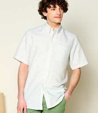 Chemise coton et lin Vert Tilleul et Blanc - Poche poitrine - COLTEN MC