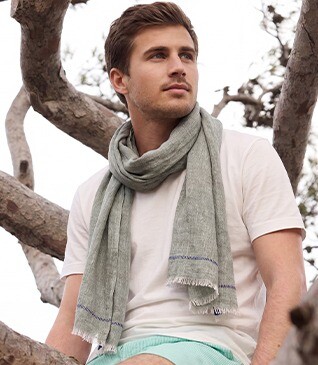 Chèche Lin coton Chambray Vert Bordure Marine