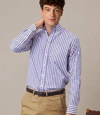 Chemise manches longues coton et lin Bleu Océan et Blanc - COLTEN