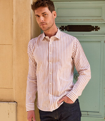 Chemise à rayures Camel et Blanc - SIMONIN