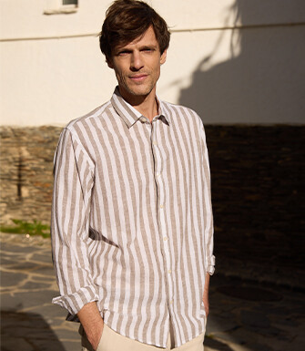 Chemise coton lin rayée Kaki et Blanc - BRUNIEN