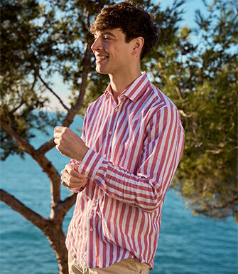 Chemise coton lin à rayures Rouge Basque et Blanc - BRUNIEN