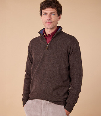 Pull col zippé homme laine - Chocolat Foncé et Bleu Foncé Chiné - KEYDEN II