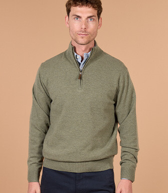 Pull homme zippé bicolore eucalyptus et taupe chiné - KEYDEN II