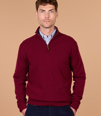 Pull homme zippé bicolore bordeaux et marine en laine - KEYDEN II