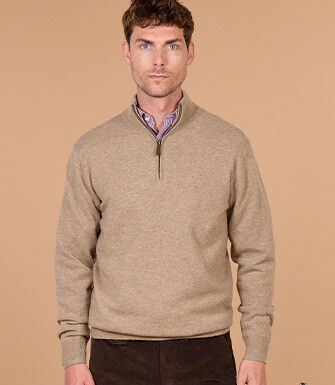 Pull homme zippé bicolore taupe chiné et bleu foncé - KEYDEN II