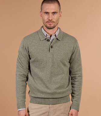 Pull polo homme kaki clair chiné en lambswool - BRAIDRICK