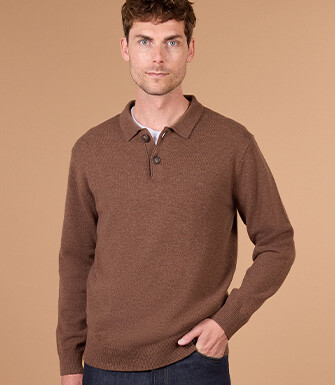 Pull polo homme chocolat chiné en lambswool - BRAIDRICK