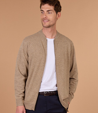 Gilet zippé homme taupe chiné clair en lambswool - BRENNICK
