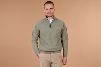 Pull homme col zippé kaki clair chiné en laine d'agneau - KENNETH