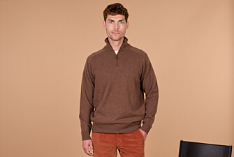 Pull homme col zippé chocolat chiné en laine d'agneau - KENNETH