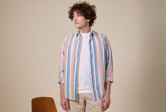 Chemise à rayures coton/lin Chambray Bleu Orange et Vert - EDIBERT