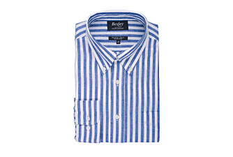 Chemise manches longues coton et lin Bleu Océan et Blanc - COLTEN