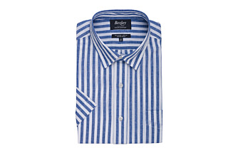 Chemise homme manches courtes bleu océan à rayures blanches - SALVIEN MC