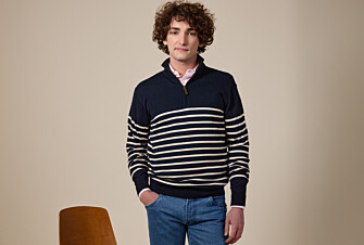 Pull col zippé marin coton bio/cachemire Marine et Ecru - VLADIAC