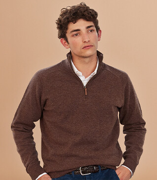 Pull col zippé homme laine Chocolat Chiné - KENNETH