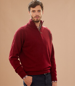 Pull homme laine col zippé Rouge Sombre - KENNETH
