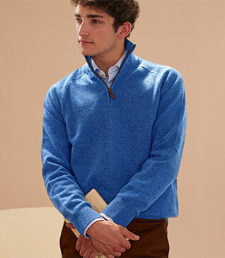 Pull homme laine col zippé Bleu mer - KENNETH