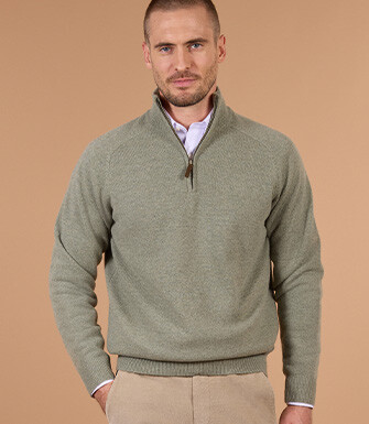 Pull homme col zippé kaki clair chiné en laine d'agneau - KENNETH