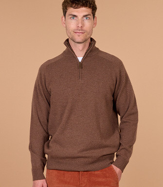 Pull homme col zippé chocolat chiné en laine d'agneau - KENNETH