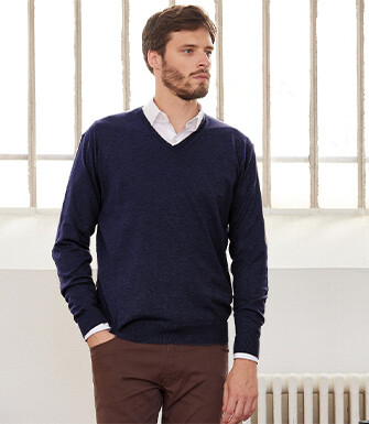 Pull fin coton bio/cachemire col V Navy - VADIM