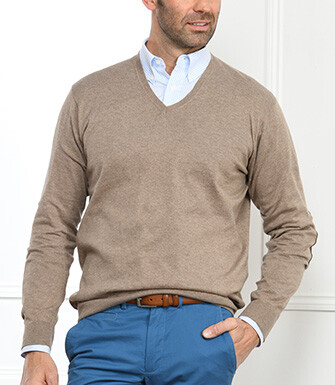 Pull fin homme coton Pima/cachemire col V Taupe Chiné - VADIM