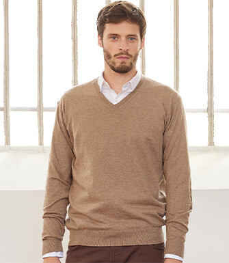 Pull fin homme coton bio/cachemire col V Taupe Chiné - VADIM