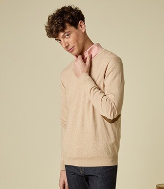 Pull coton homme fin bio/cachemire col V Beige Chiné - VADIM