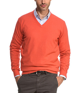 Pull homme laine col V Orange Feu - ELOUAN