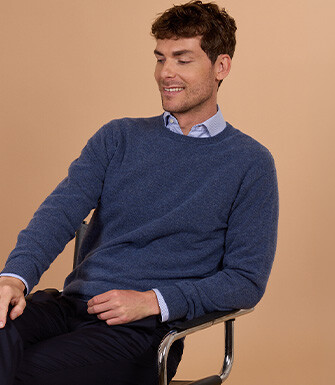 Pull homme col rond bleu foncé chiné en laine d'agneau - CONAN
