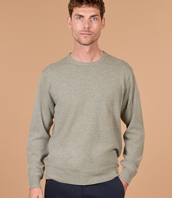Pull homme col rond kaki clair chiné en laine d'agneau - CONAN