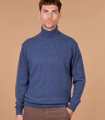 Pull homme col roulé bleu foncé chiné en laine d'agneau - EMERIC
