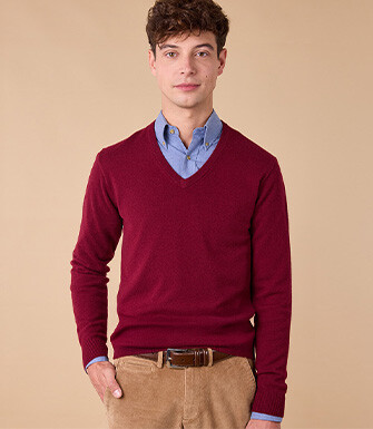 Pull homme laine col V - Bordeaux - ELIAN