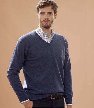 Pull col V homme laine Bleu Foncé Chiné - ELIAN